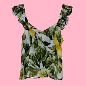 Lemon & Leaves Print Ruffled Straps Tank Top